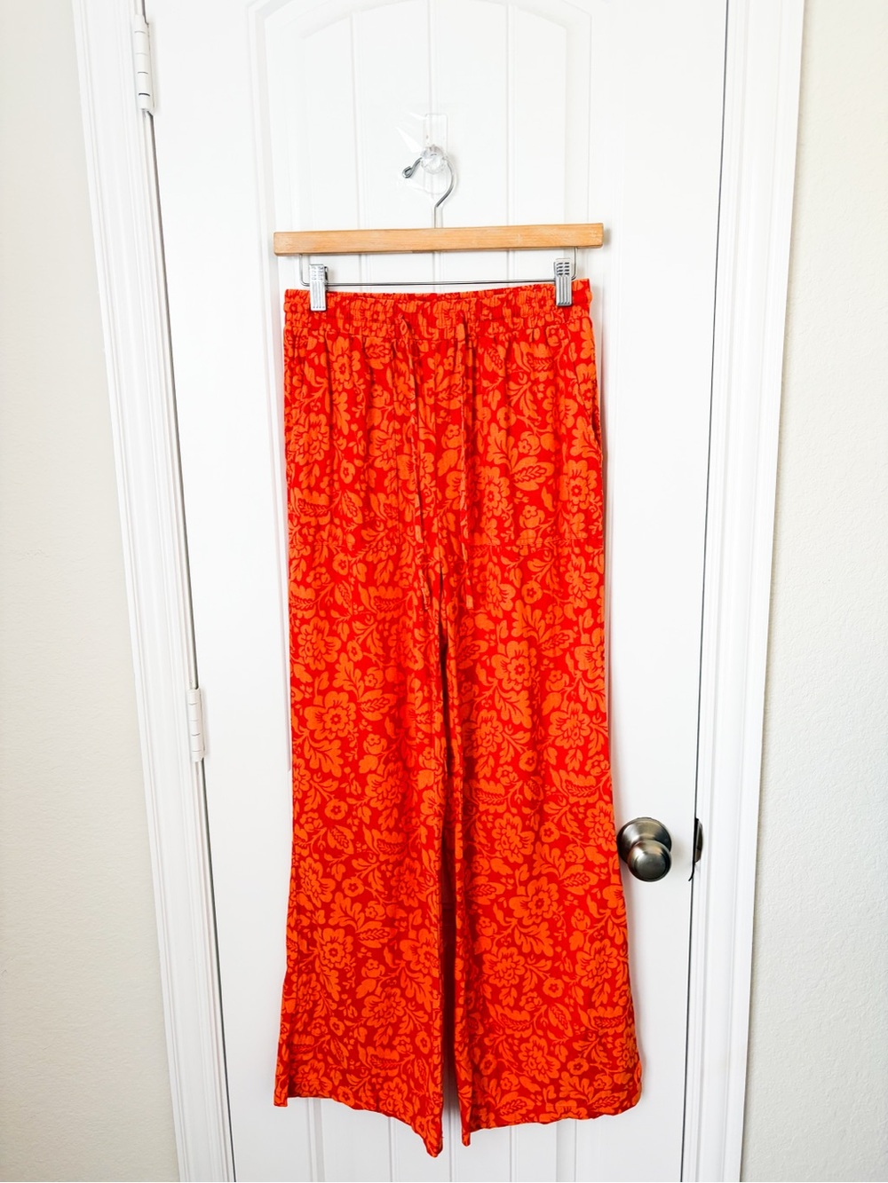 Tropical Floral Print Orange Linen Blend Wide Leg Pants Size Small